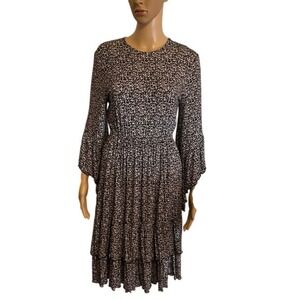 Tiered Ruffle Dress Black White‎ Print Long Sleeve Midi Casual